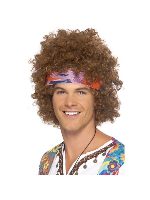 Perruque hippie homme châtain avec bandeau | Accessoires