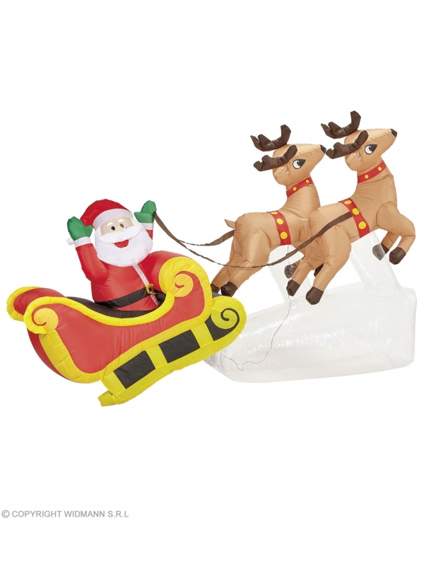Décoration Père Noël sur son traineau avec 2 rennes. Gonflable et lumineux de 2,10 m