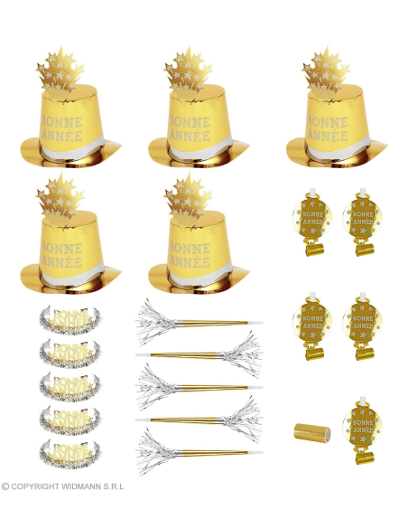Accessoires Bonne Année, Or pour 10 personnes (21 pièces)