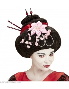 Perruque Geisha avec baguettes et fleurs