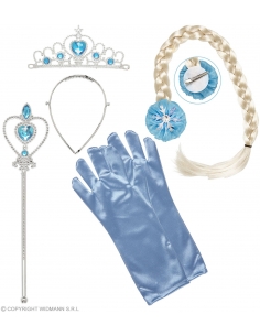 Set Princesse des neiges bleu (couronne, natte, gants, baguette magique)