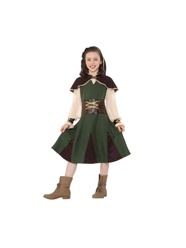 Déguisement de Robin des Bois pour fille, Vert et marron (robe et pélerine attachée)