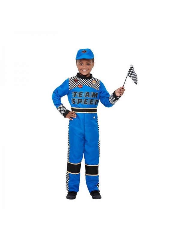 Déguisement de pilote de voiture bleu pour enfant (combinaison, casquette et drapeau)