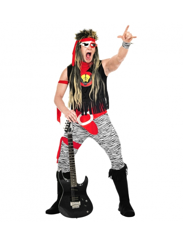 Déguisement Rock Star Homme (Chemise sans manches, pantalon, ceinture, bracelet, bras et jambières, couvre-bottes, bandeau)