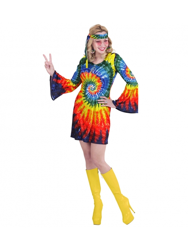 Déguisement hippie femme multicolore (robe, bandeau)