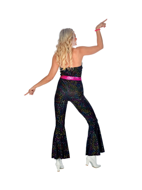 Déguisement Disco années 70' Femme (combinaison noire, ceinture)