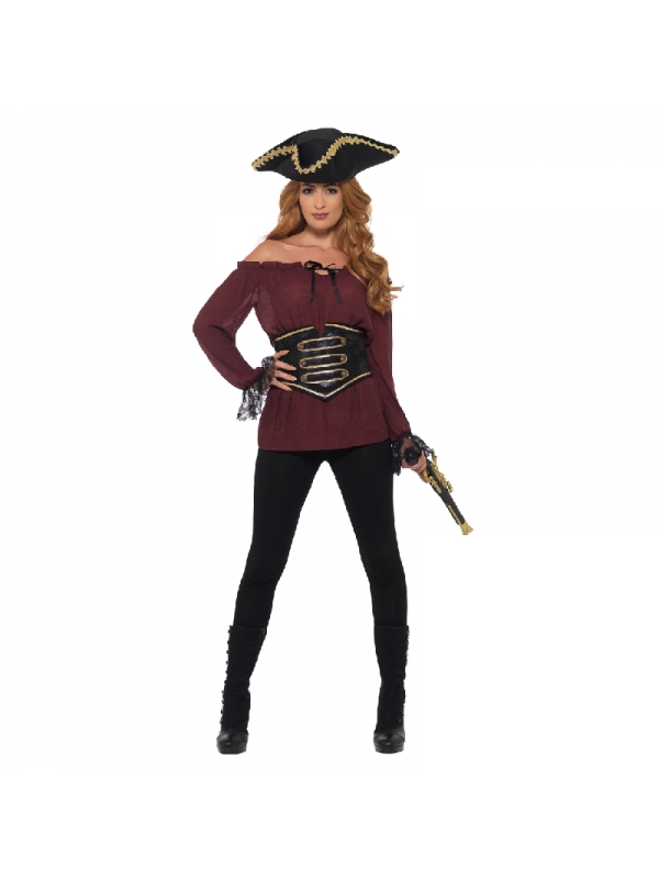 Chemise bordeaux femme pirate avec corset noir à lacets