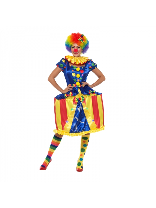 Déguisement femme de clown (robe carrousel, bonnet à LED, bandeau et collerette)