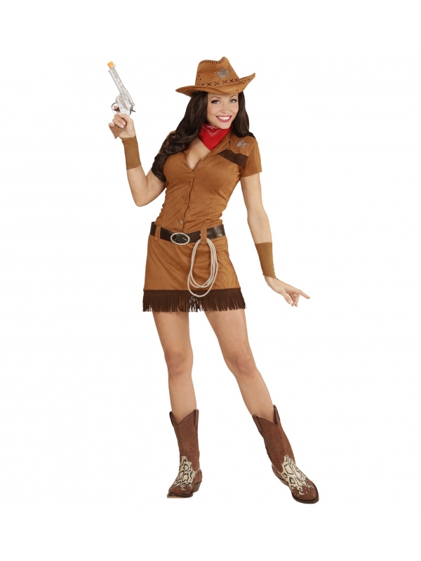 Déguisement cowgirl femme (robe, ceinture, brassards, bandana, chapeau, lasso)