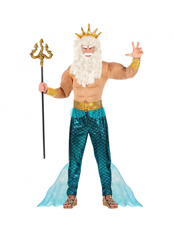 Déguisement Poseidon Grecque Homme (chemise musculaire, pantalon, ceinture, poignets, couronne)