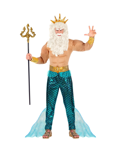 Déguisement Poseidon Grecque Homme (chemise musculaire, pantalon, ceinture, poignets, couronne)