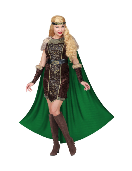 Déguisement viking femme (robe avec cape, ceinture, chauffe-bras, bandeau)