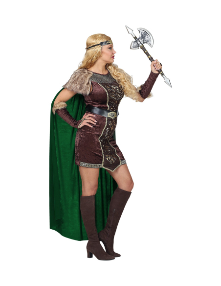 Déguisement viking femme (robe avec cape, ceinture, chauffe-bras, bandeau)
