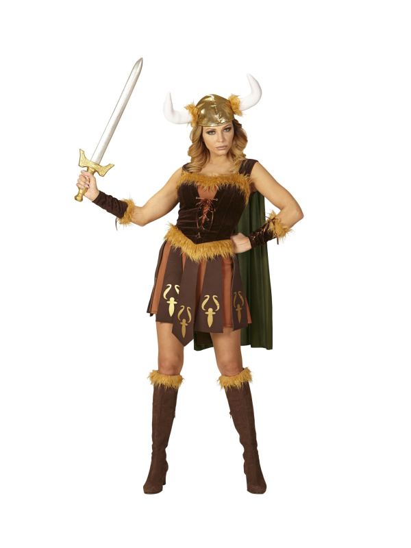 Déguisement femme viking marron (robe avec cape, brassards, casque)