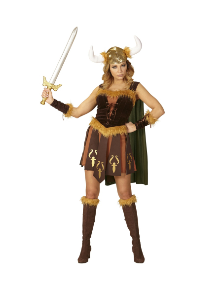 Déguisement femme viking marron (robe avec cape, brassards, casque)