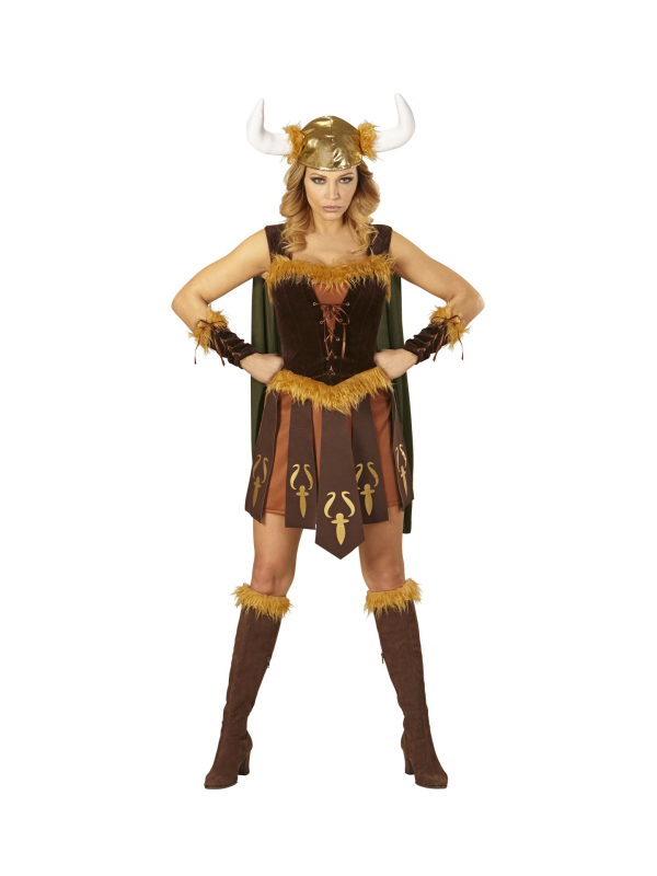 Déguisement femme viking marron (robe avec cape, brassards, casque)