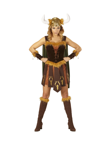 Déguisement femme viking marron (robe avec cape, brassards, casque)