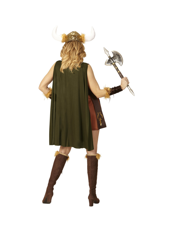 Déguisement femme viking marron (robe avec cape, brassards, casque)