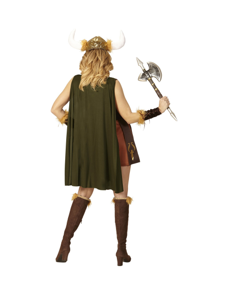 Déguisement femme viking marron (robe avec cape, brassards, casque)