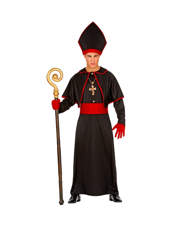 Déguisement Evêque Homme noir et rouge (robe avec étole de fourrure, ceinture, chapeau)