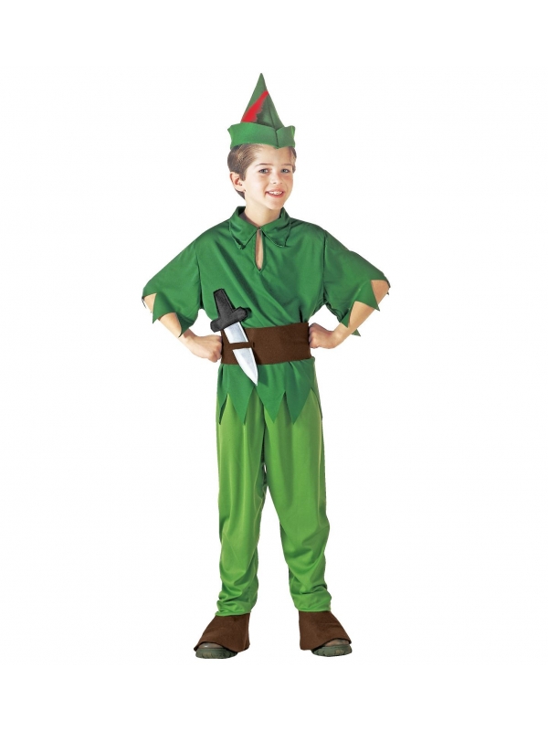 Déguisement Peter Pan (casaque, pantalon avec sur-chaussures, ceinture avec poignard, chapeau avec plume)