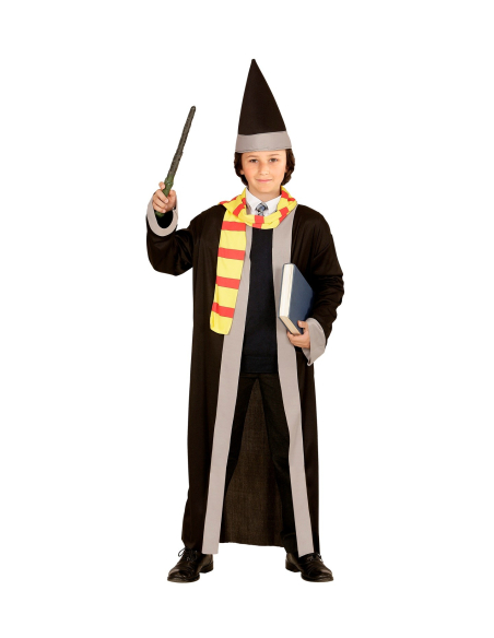 Déguisement Magicien Enfant noir (tunique, écharpe, chapeau)