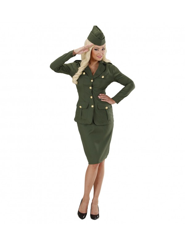 Déguisement militaire femme de la 2ème guerre mondiale, vert (veste, jupe, chapeau)