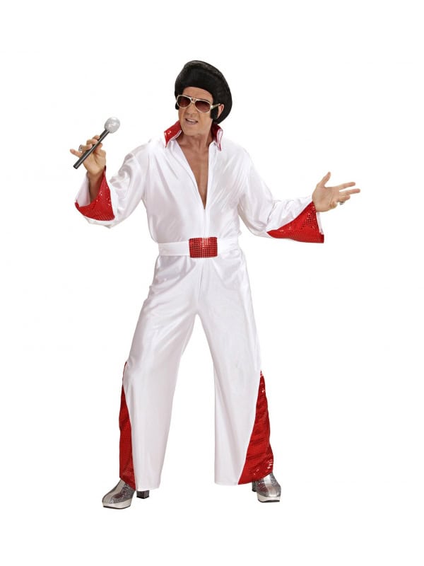 Déguisement du King du Rock'n'Roll Homme, Blanc et Rouge (costume avec broderies en paillettes, ceinture)