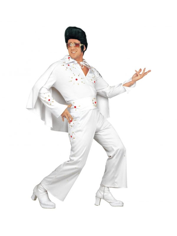 Déguisement Elvis blanc homme (haut & pantalon, ceinture, cape avec fausses pierres précieuses, foulard)