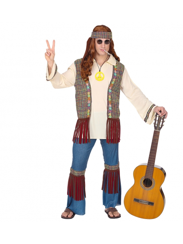 Déguisement Hippie à franges Homme (chemise avec gilet, pantalon, bandeau, collier)