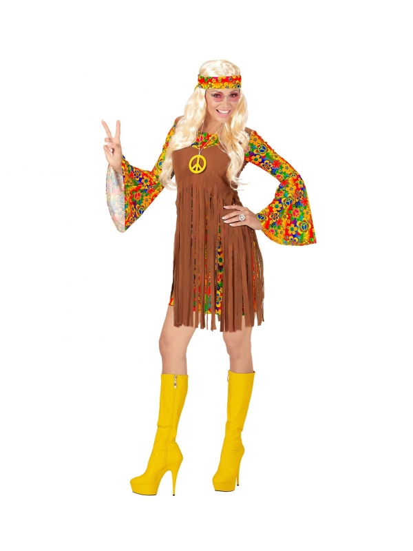 Déguisement hippie femme multicolore (robe avec veston, bandeau, collier peace & love)