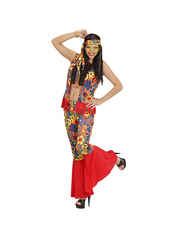 Déguisement hippie femme (top, veste, pantalon, bandeau, collier avec médaillon)
