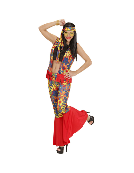 Déguisement hippie femme (top, veste, pantalon, bandeau, collier avec médaillon)