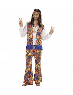 Déguisement Hippie Homme, le Fils des Fleurs (chemise avec gilet, pantalon, bandeau, collier avec mé