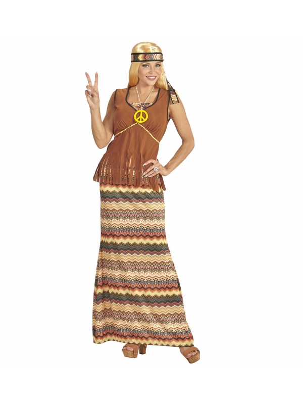 Déguisement hippie femme marron (top avec veston, jupe, bandeau, collier peace & love)