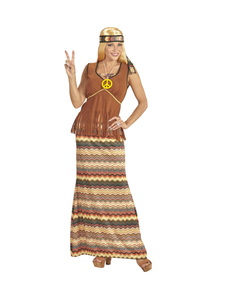 Déguisement hippie femme marron (top avec veston, jupe, bandeau, collier peace & love)
