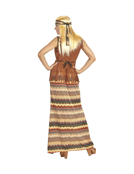 Déguisement hippie femme marron (top avec veston, jupe, bandeau, collier peace & love)