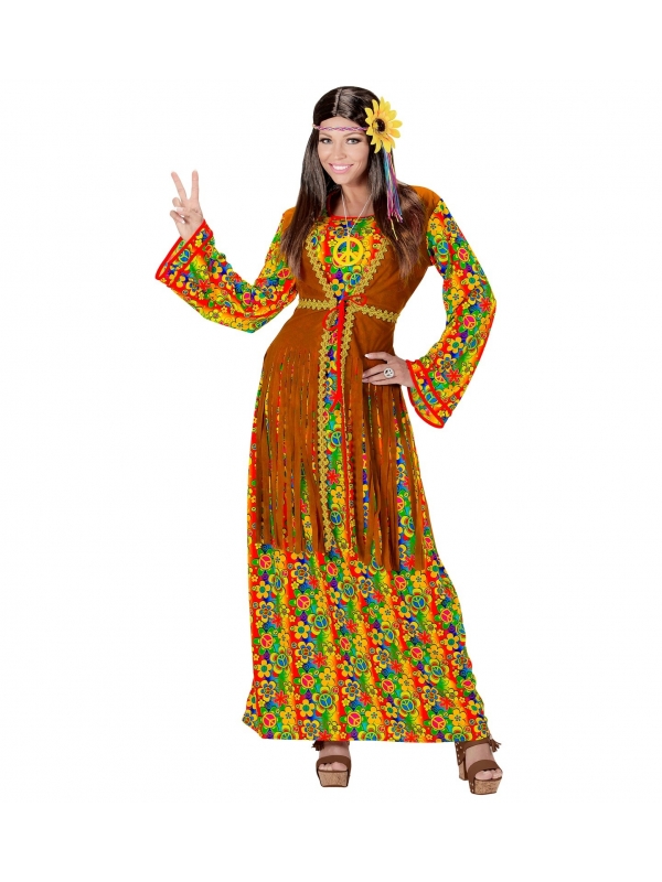 Déguisement femme hippie fluide (robe avec veston, collier peace & love)
