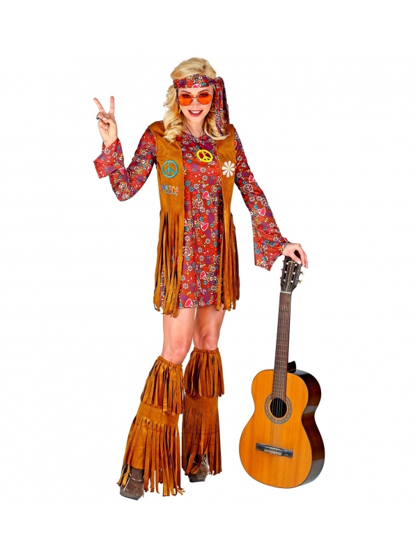Déguisement Hippie femme (robe, veste, bandeau, couvre bottes avec franges)