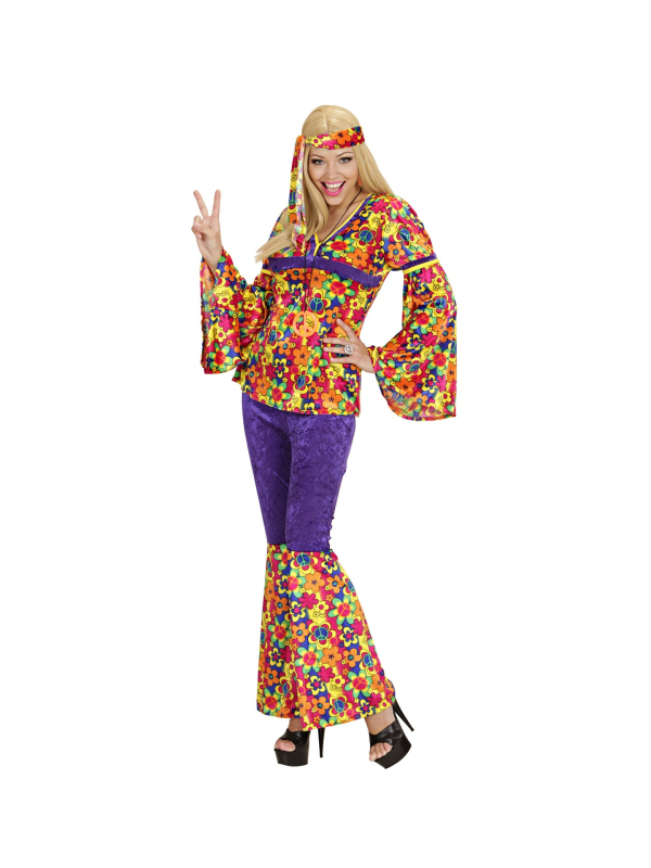 Déguisement hippie femme multicolore (chemise, pantalon, bandeau)