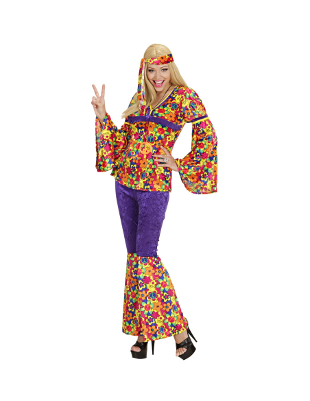 Déguisement hippie femme multicolore (chemise, pantalon, bandeau)