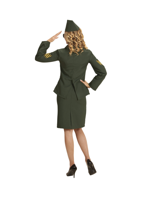 Déguisement militaire femme, vert (veste, fausse chemise avec cravate, jupe, chapeau)