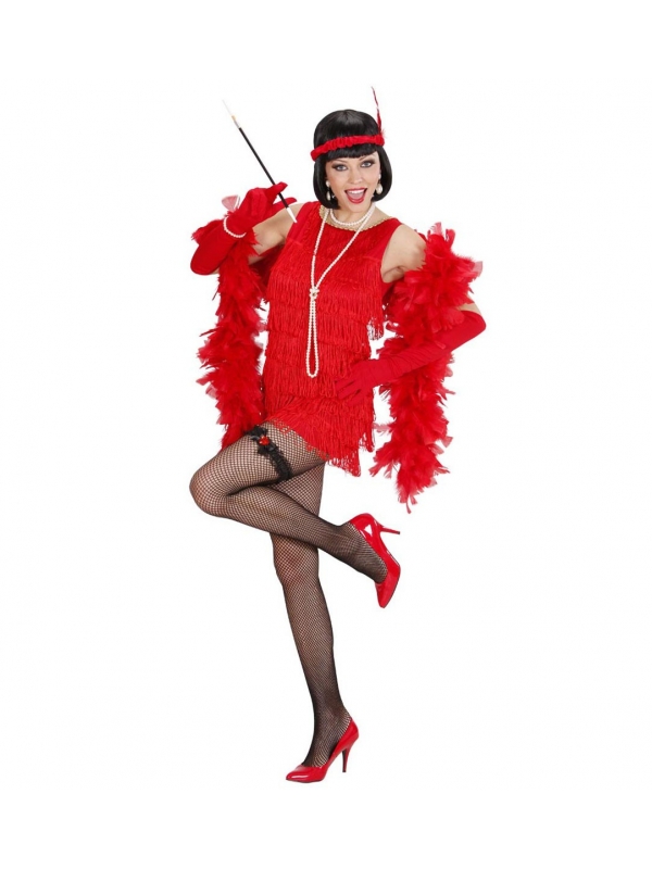 Déguisement femme charleston Deluxe rouge (robe, gants, bandeau avec plume)