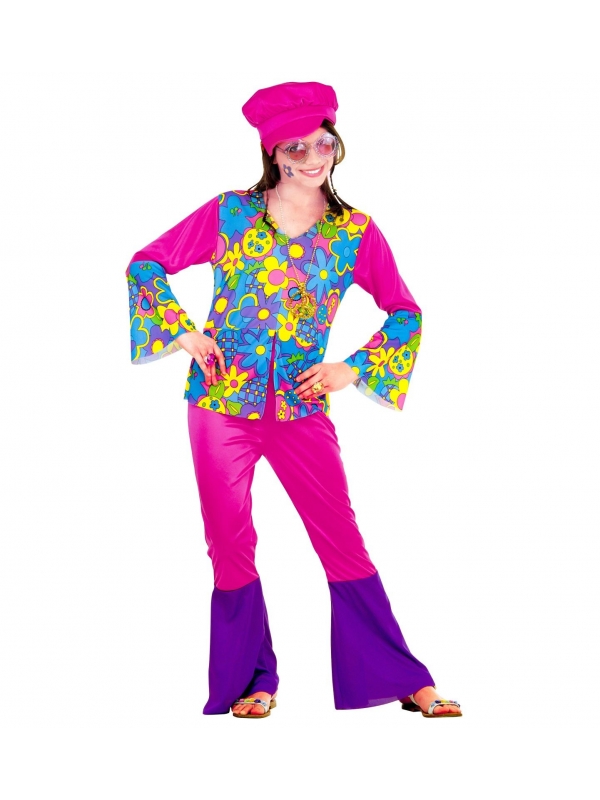 Déguisement Hippie fille multicolore (chemise, pantalon, chapeau, collier)