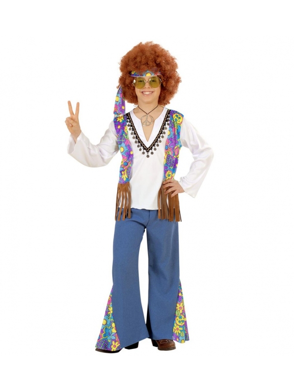 Déguisement garçon hippie bleu et marron (chemise avec veste, pantalon, bandeau)