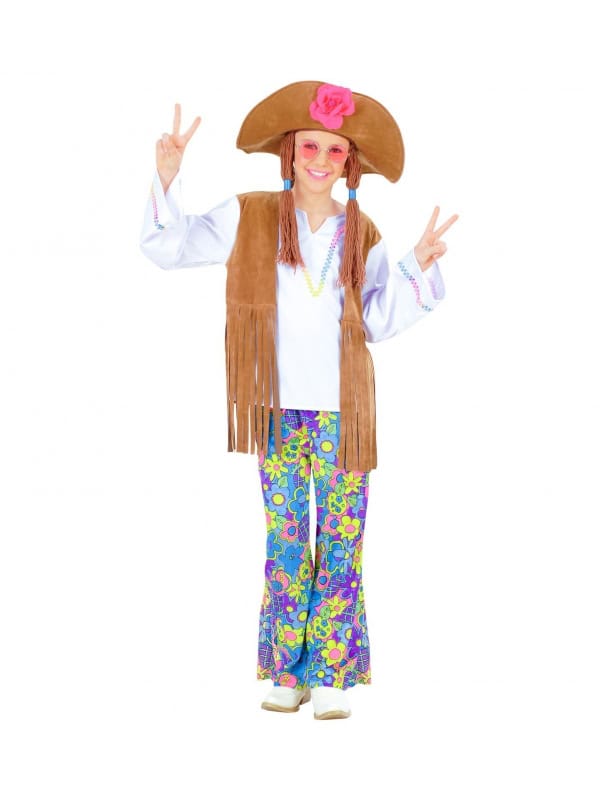 Déguisement Hippie fille Woodstock (chemise avec veste, pantalon, chapeau avec cheveux)