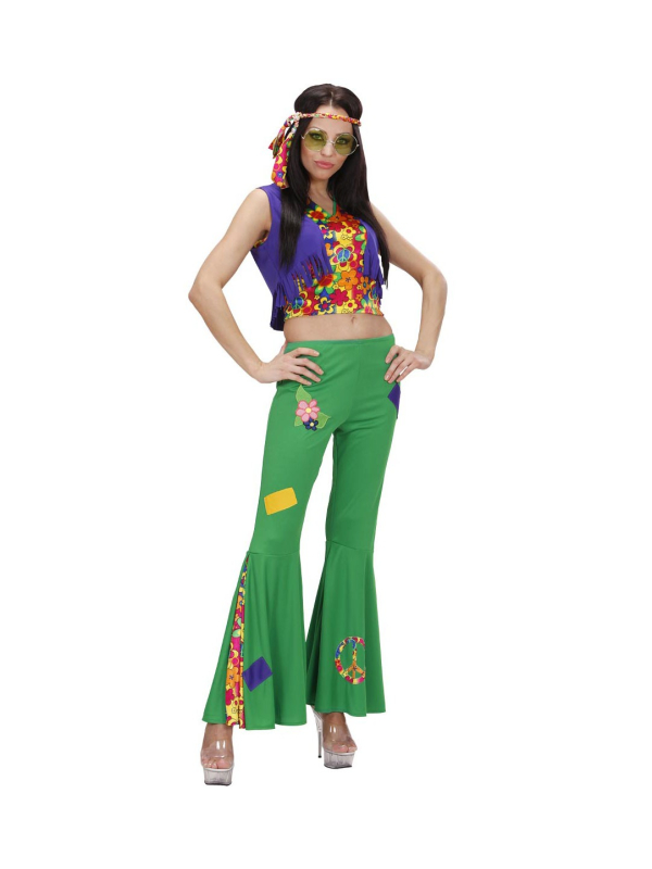 Déguisement hippie femme vert (top, veste, pantalon, bandeau)