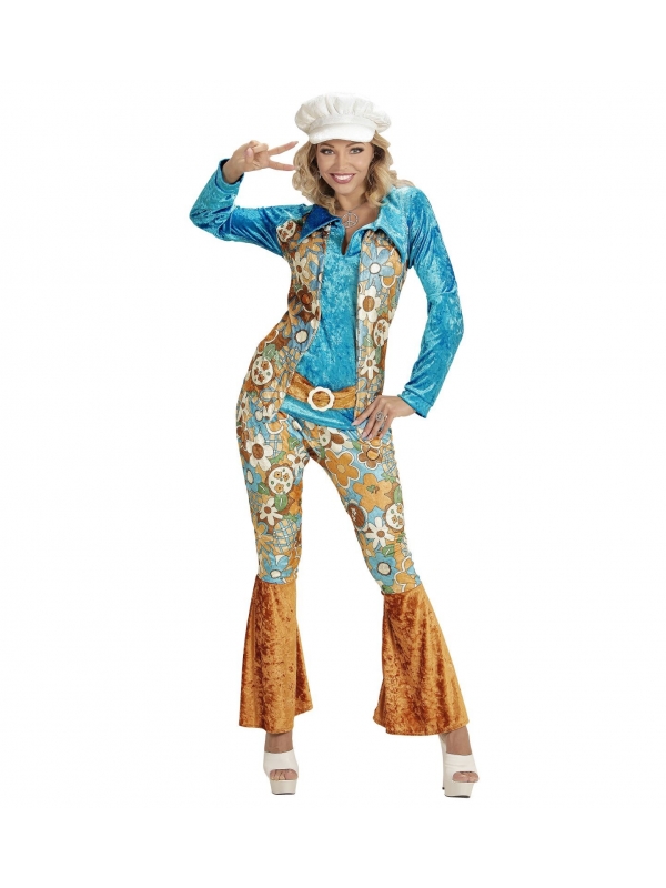 Déguisement hippie femme bleu et marron en velours (chemise avec veste et ceinture, pantalon, chapeau)