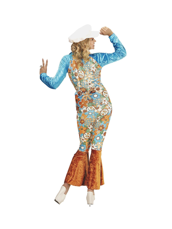 Déguisement hippie femme bleu et marron en velours (chemise avec veste et ceinture, pantalon, chapeau)