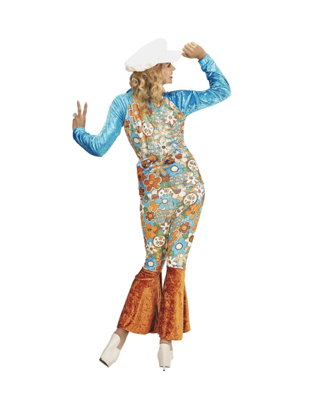 Déguisement hippie femme bleu et marron en velours (chemise avec veste et ceinture, pantalon, chapeau)